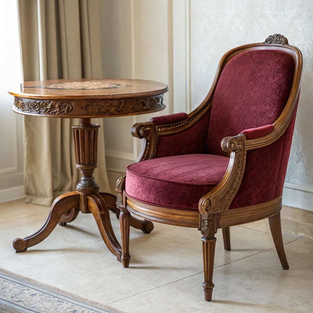 A beautifully crafted vintage armchair and table